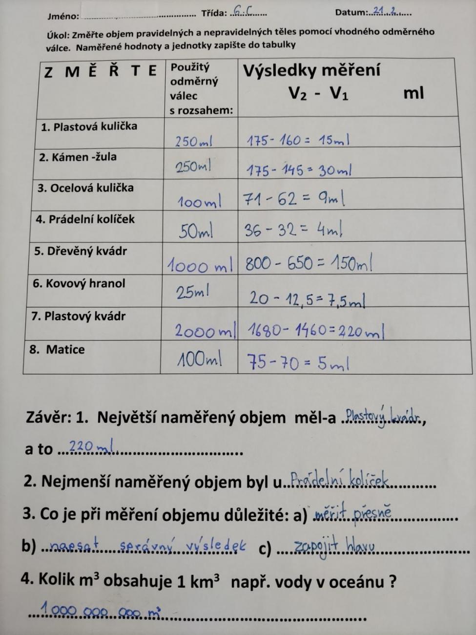 Fyzika 6. ročník - praktická měření objemu
