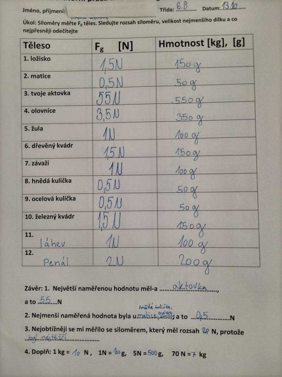 Praktická měření gravitační síly  6. ročník